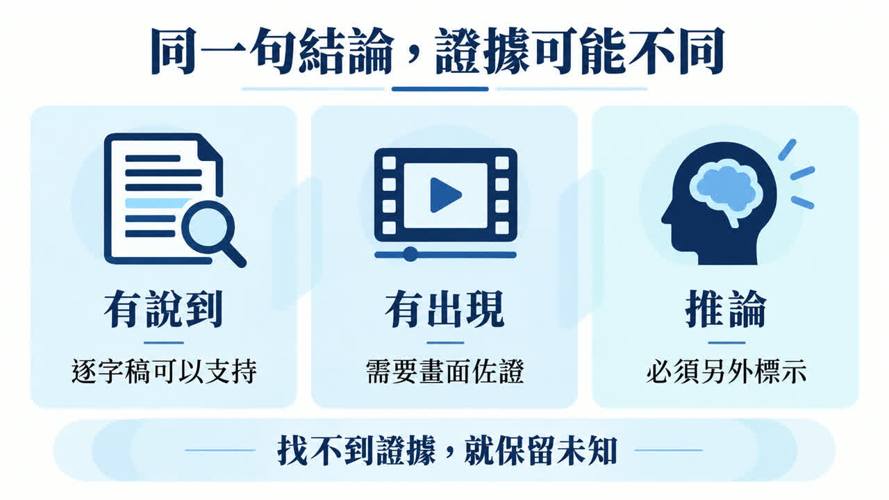 逐字稿、畫面與推論三種證據層次