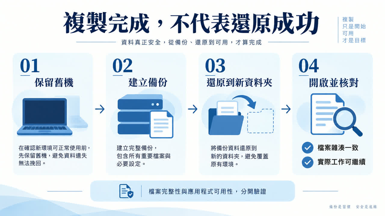備份、隔離還原、雜湊與工作測試的兩層驗證
