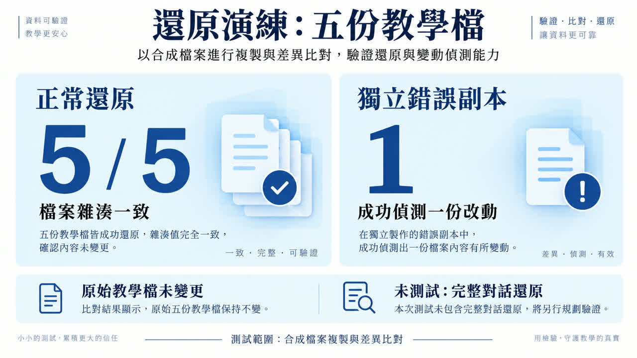 五份合成檔還原一致且竄改副本被偵測