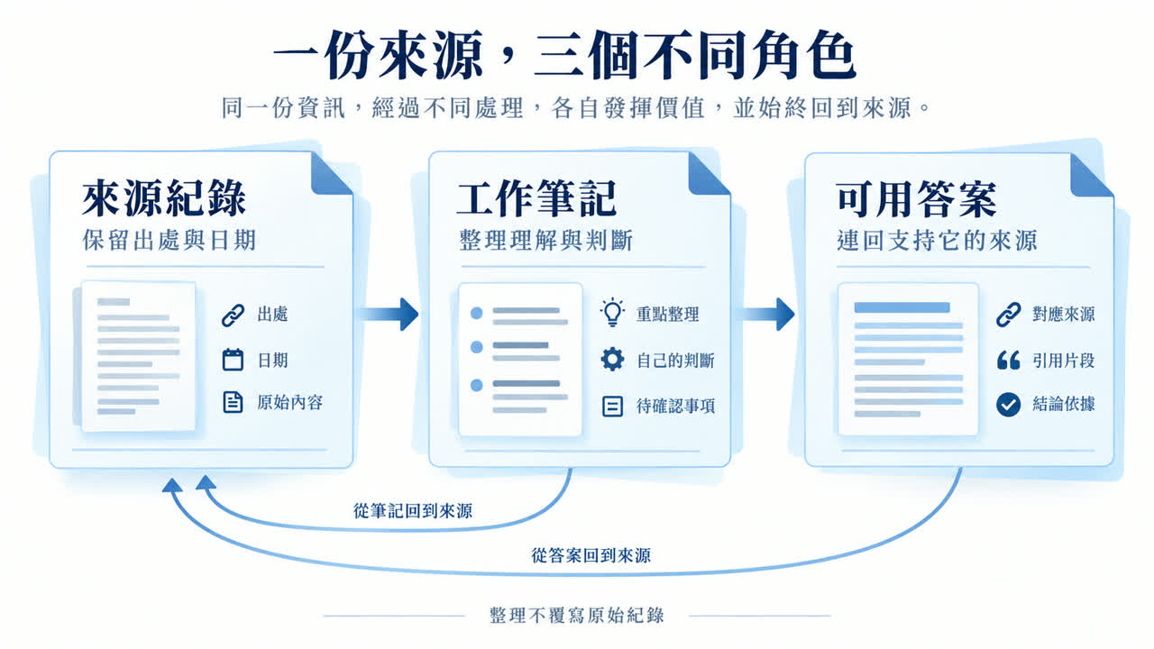 來源紀錄、工作筆記與答案連回來源的流程